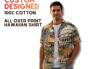 Camisa havaiana personalizada 100% algodão, respirável, com estampa total e botões, ideal para férias, eventos e cruzeiros em climas quentes.
