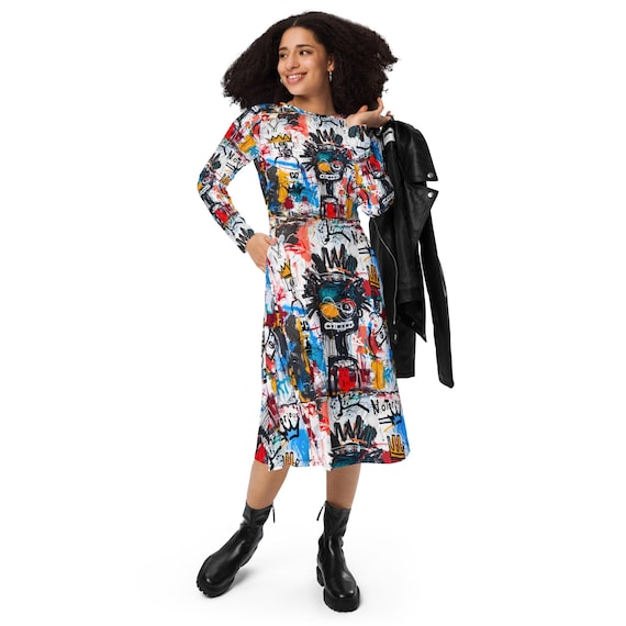 Graffiti Print Skater Dress: Long Sleeve Midi with Pockets