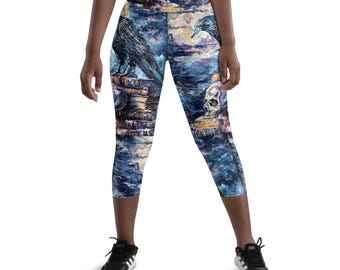Raven Painting Capri Leggings: Edgar Allan Poe Spooky Art Yoga Pants