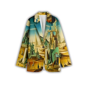 Puede incluir: Una chaqueta azul, verde y amarilla con un diseño de pintura surrealista. La pintura presenta una ciudad con torres, un paisaje desértico y figuras.