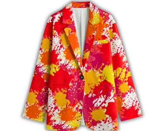 Fiery Paint Splatters Blazer, Colorful Unisex 100% Cotton Sports Coat, Art Suit Jacket, Artsy Blazer, Urban Art Bold Design