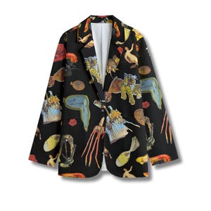 Dali Surrealism Symbols Blazer, Unisex 100% bawełniany sportowy płaszcz, marynarka garniturowa, artystyczny blezer, Salvador Dali Famous Art Bold Design Black