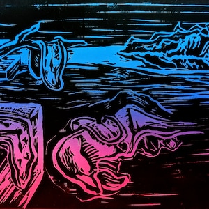 Dali Surrealism Relief Print, La Persistencia de Memoria Hand-Carved and Pulled Linocut Print, Limited Edition Colorful Melting Clocks Print