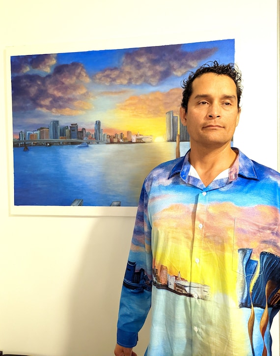 Buy Miami Skyline Painting Collared Long Sleeve Oxford Shirt All