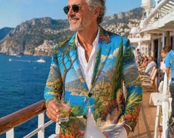 Mallorca Spanje blazer, mediterrane reizen draagbare kunst, katoenen cruisejack, Spaanse eilandmode, resortstijl