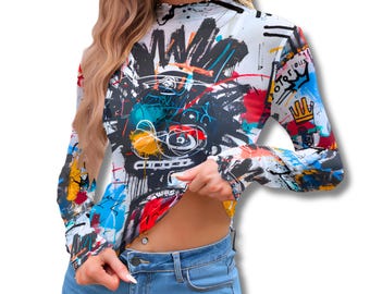 Graffiti Art Mesh Top, Urban Street Style, Long Sleeve