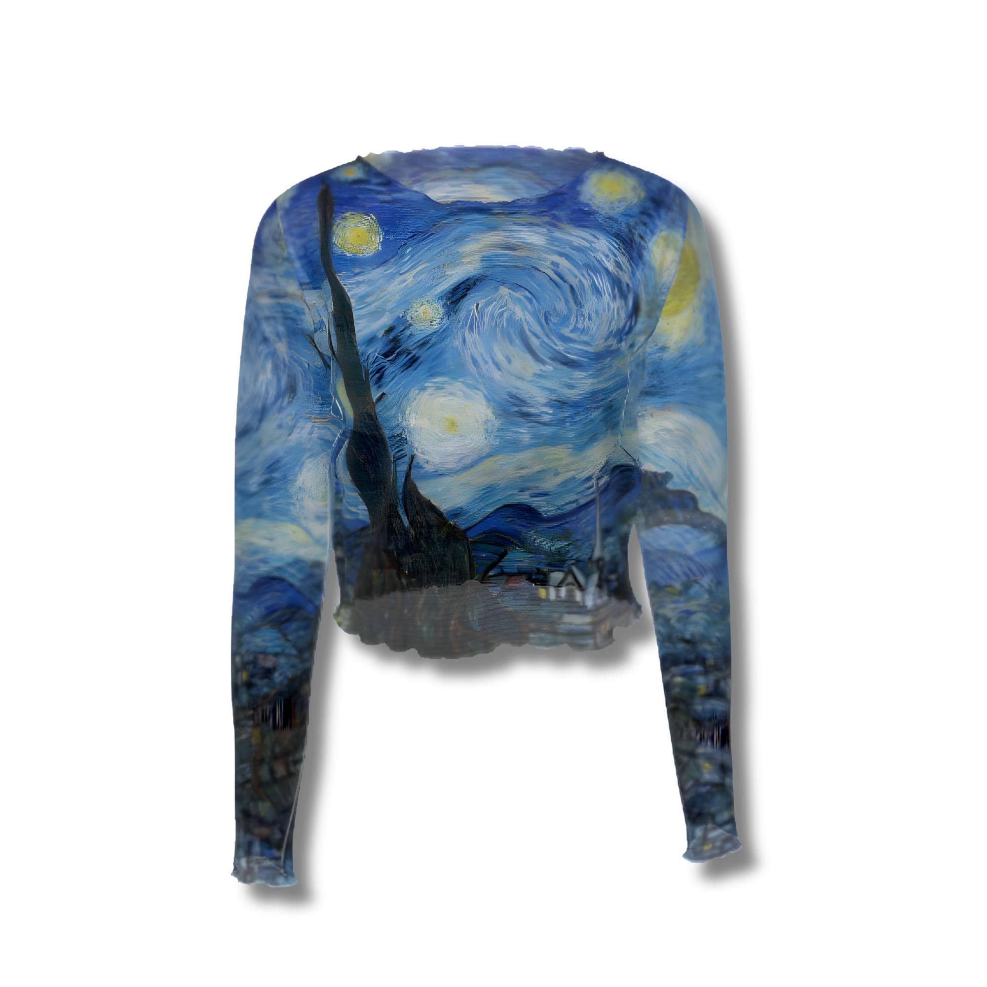 Starry Night Mesh Crop Top, Van Gogh Sheer Long Sleeve Art Top 