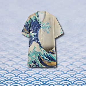 Wave Painting 100% Cotton Men&#39;s Hawaiian Shirt, Collared Short Sleeve, Men&#39;s Colorful Button Up, Katsushika Hokusai Painting, Aloha Shirt