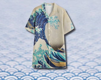 Camisa hawaiana de algodón Hokusai Wave: Camisa hawaiana de popelina de algodón para hombre con botones estilo Aloha