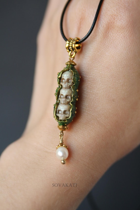 SOVAKATI Santa Muerte Skull Holy Death Jewelry Fancy Peas Pendant Pea Pod Necklace Cute Pea Foodie Charm Handmade Jewelry