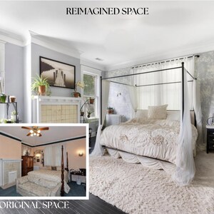 Pode incluir: Quarto com cama com dossel drapeada com tecido branco e edredom creme. Um tapete fofo cobre o chão de madeira escura. O texto "REIMAGINED SPACE" está no topo e "ORIGINAL SPACE" na parte inferior.