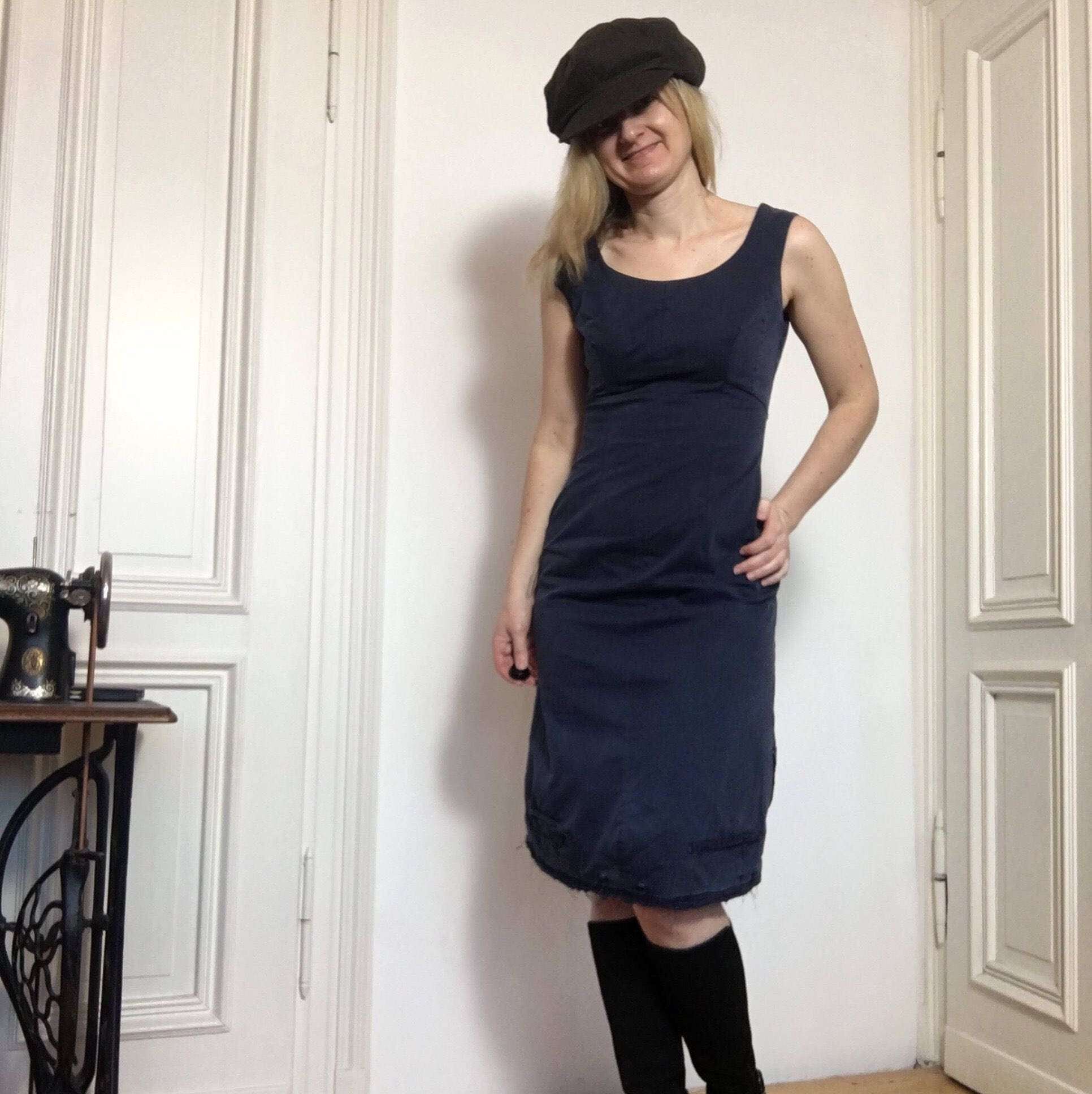 Schmales Armelloses Dunkelblaues Kleid Aus Herrenhose Etsy