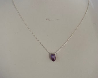 Single, one purple fresh water pearl necklace. Minimalist, dainty, small, simple. Small paperclip sterling silver necklace.