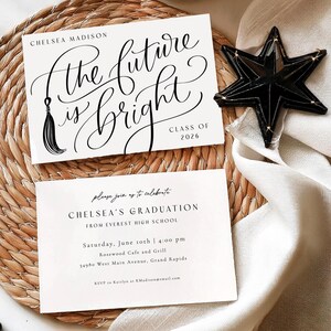 May include: Two graduation announcement cards with the text "The future is bright" and "Chelsea's Graduation". The cards are white with black text and a decorative black star. The announcements include event details.