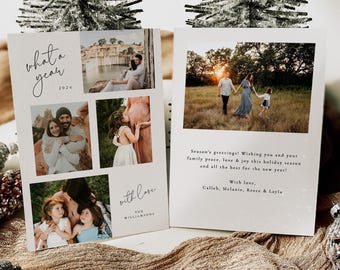 May include: Holiday greeting cards with family photos. The front of the card has the text "what a year 2024" and "with love". The back of the card has the text "Season's greetings! Wishing you and your family peace, love & joy this holiday season and all the best for the new year!"