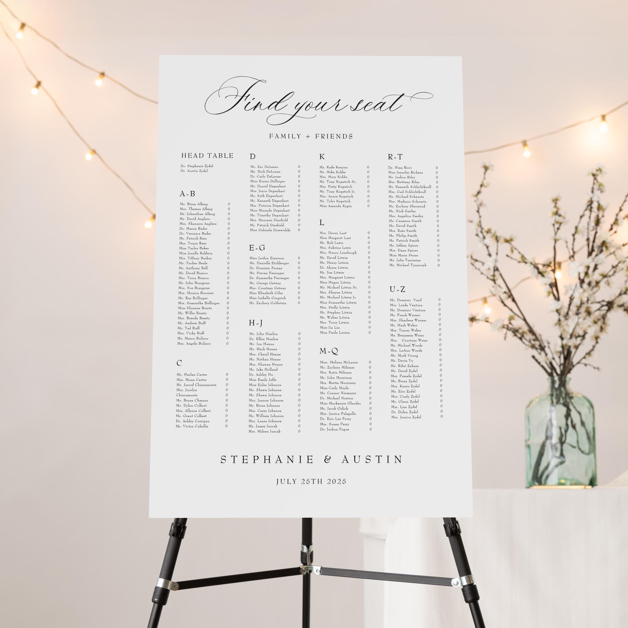 Seating Letters Formal Alphabetical Seating Chart Sign | Editable Digital Printable ...