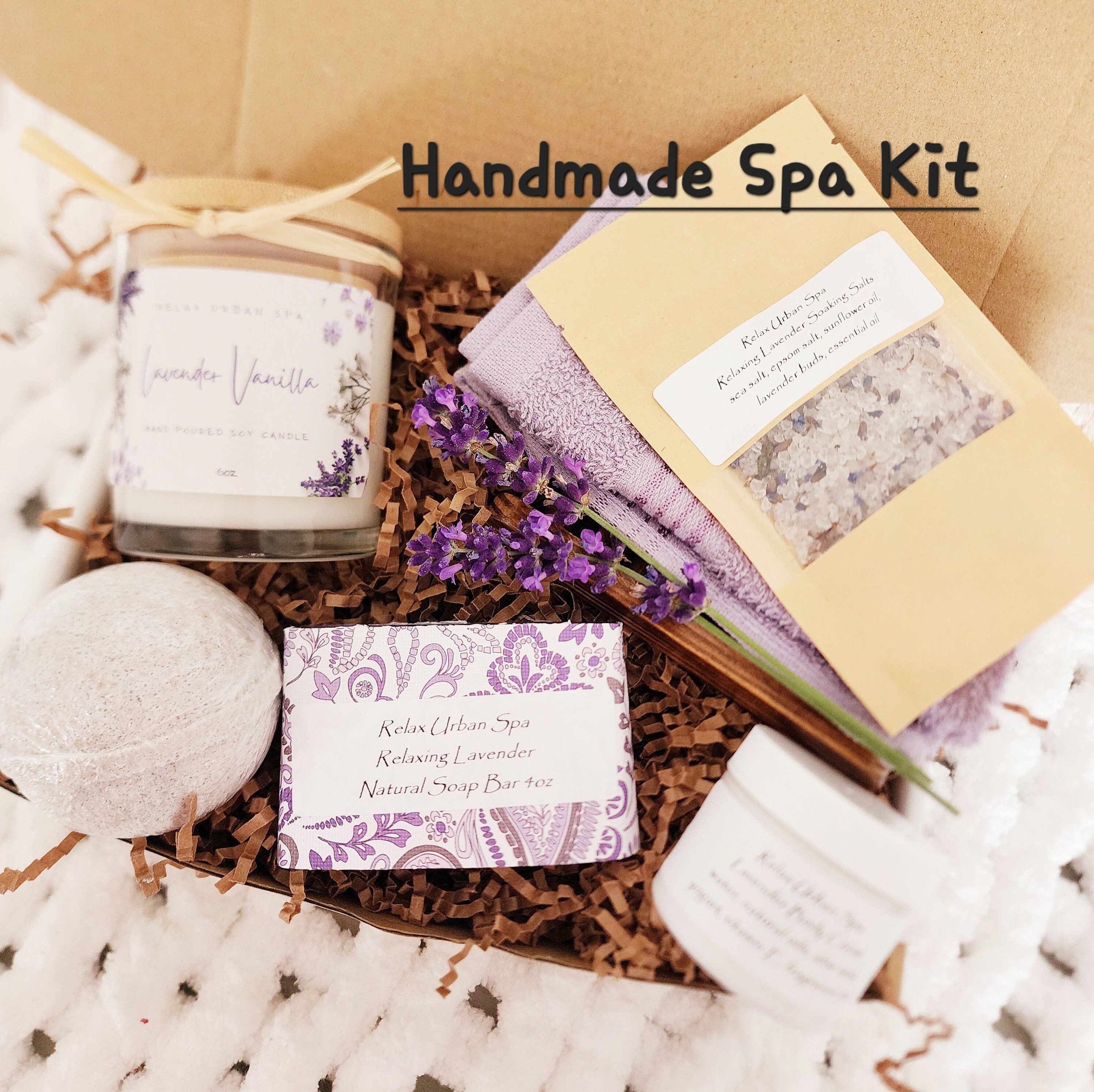 Relaxing Lavender Spa Box for Her - Self Care Relaxation Gifts Spa Kit  Handmade Soap Body Butter Bath Salt Soak