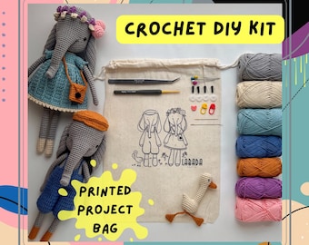 Crochet Kit Labadacrafts Elephants with Printed Pattern, Amigurumi Kit, Diy Kit, Crochet Toy Kit, 2 in 1 Diy Gift, Amigurumi Elephant Kit