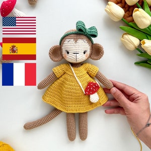 Wzór na małpkę Amigurumi, Wzór na pluszową małpkę, Wzór na szydełkową małpkę, Wzory na szydełkowe wzory, Szydełkowe słodkie zwierzęta, Szydełkowe jesienne zwierzęta