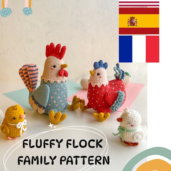 Puede incluir: Un patrón de crochet para una familia de pollos. El patrón incluye un gallo, una gallina y un pollito. Los pollos están hechos a crochet en una variedad de colores, incluyendo rojo, azul, amarillo y blanco. El patrón se llama "Fluffy Flock Family Pattern".