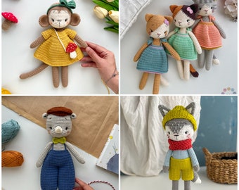 Bundle 4 in 1 Amigurumi Animal Patterns, Crochet Cat Pattern, Crochet Monkey Pattern, Crochet Wolf Pattern, Crochet Rhino Pattern