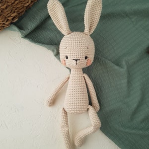 May include: A handmade, beige crochet bunny doll with long ears, a small black nose, and rosy cheeks. The bunny has a simple, endearing design, with arms and legs attached to the body. The doll is set against a white and green backdrop.