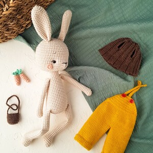 May include: A crocheted bunny doll with a brown hat and yellow overalls. The bunny is beige with a pink blush and black eyes. Two small crocheted carrots and a brown purse are also present.