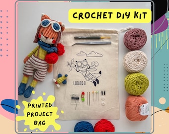 Crochet Kit Sky with Colorful Printed Pattern and Special Project Bag, Amigurumi Kit, Diy Kit, Crochet Toy Kit, Fox in Pilot Costume Kit