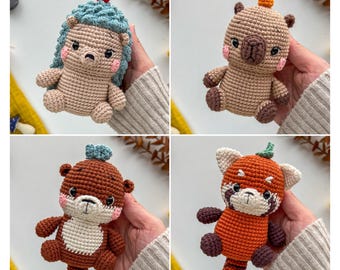 Bundle 4 in 1 Amigurumi Animal Patterns, Crochet Hedgehog Pattern, Crochet Capybara Pattern, Crochet Otter Pattern, Crochet Red Panda Patter