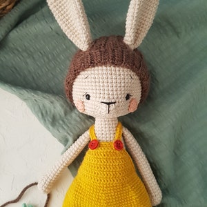 May include: A handmade crochet bunny doll with a cream-colored face, ears, and limbs. The bunny wears a brown cap and a yellow jumpsuit with red buttons. It holds a small bag with a carrot.