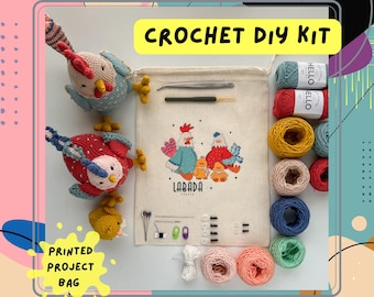 Crochet Kit Labadacrafts Flock Family with Printed Pattern, Amigurumi Kit, Diy Kit, Crochet Toy Kit, 3 in 1 Diy Gift, Amigurumi Chicken Kit