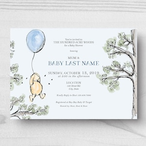 Hundred Acre Woods Invite, Winnie the Pooh Invitation, Baby Shower Invitation, Baby Boy, Baby Girl, Pooh with Balloon, First Birthday Party
