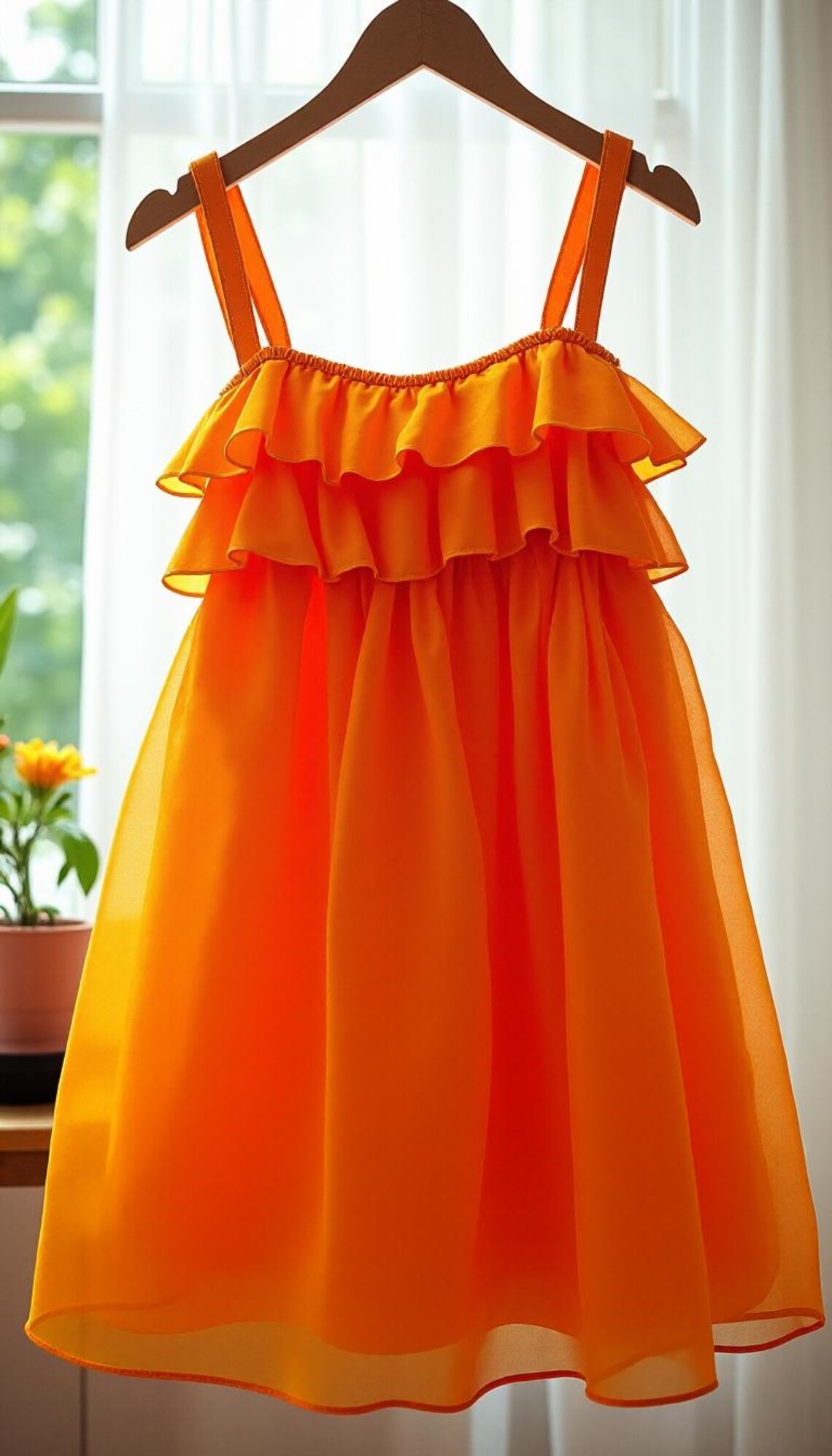Sheer Top Ruffle Short Dress with Flower Orange