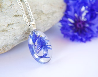 Handmade Blue flowers Floral gift Real pressed blue petals in gold circle pendant with chain Resin Pressed flower Cornflower necklace