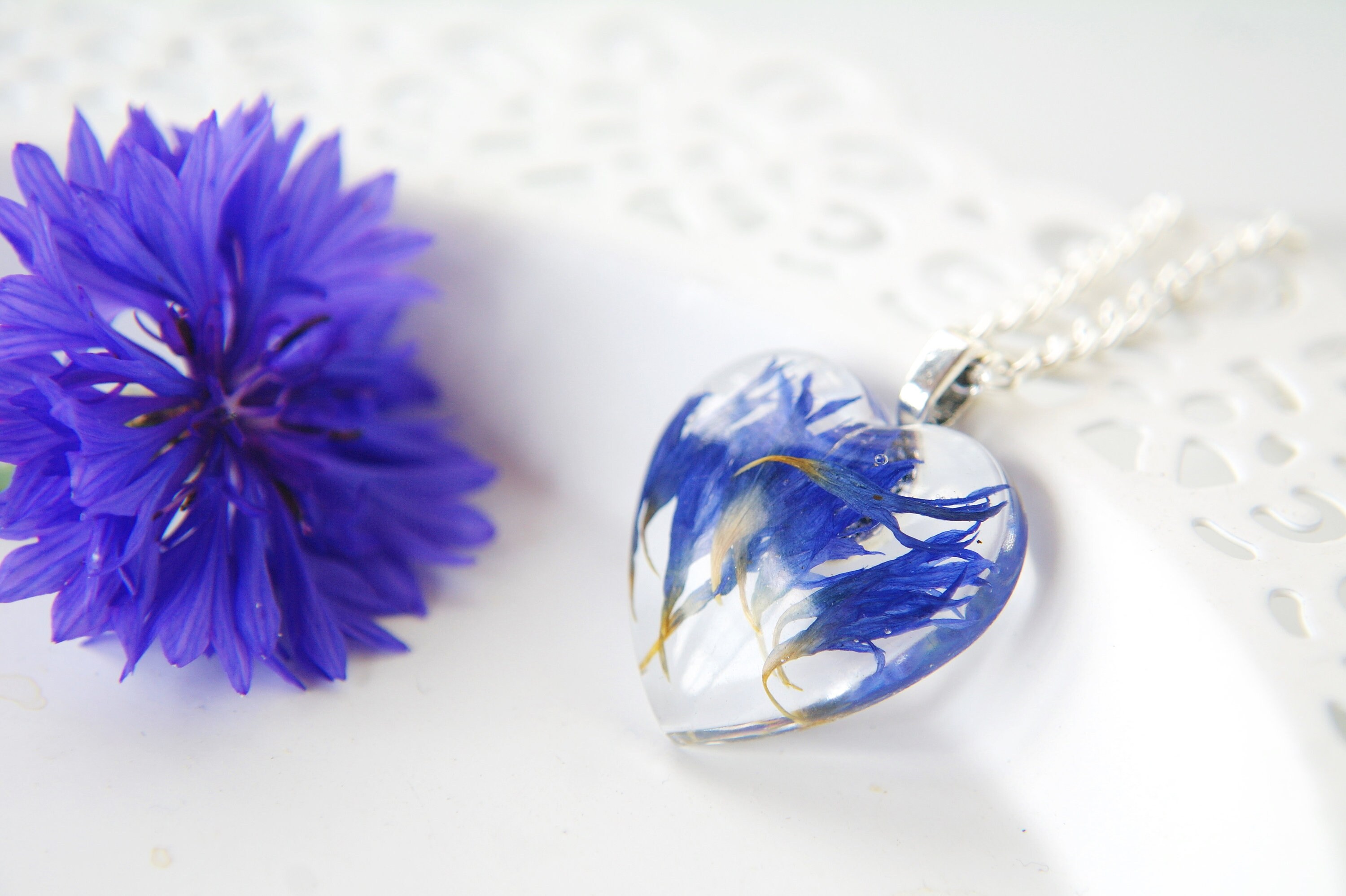 Handmade Blue flowers Floral gift Real pressed blue petals in gold circle pendant with chain Resin Pressed flower Cornflower necklace