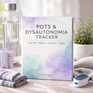 May include: A "POTS & Dysautonomia Tracker" journal with a watercolor design, next to a water bottle, folded towels, and a pulse oximeter. The journal includes sections for tracking heart rate, hydration, symptoms, and triggers.