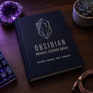 May include: A dark blue book titled "OBSIDIAN PRIVATE SECOND BRAIN" with a geometric design. The book is on a wooden surface, next to a purple crystal and a small potted succulent. A keyboard and charging cable are also visible.