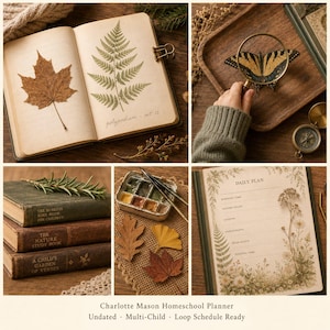 May include: An open journal with a pressed maple leaf and fern illustration, a stack of vintage books, and a watercolor palette. A magnifying glass focuses on a butterfly. The image has a natural, botanical theme.