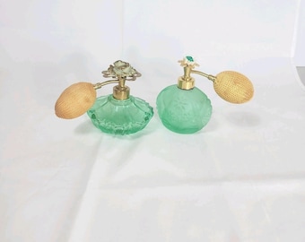 MCM Art Deco Green Glass Atomizer Pump Perfume Bottles Floral Satin ~I. W. Rice