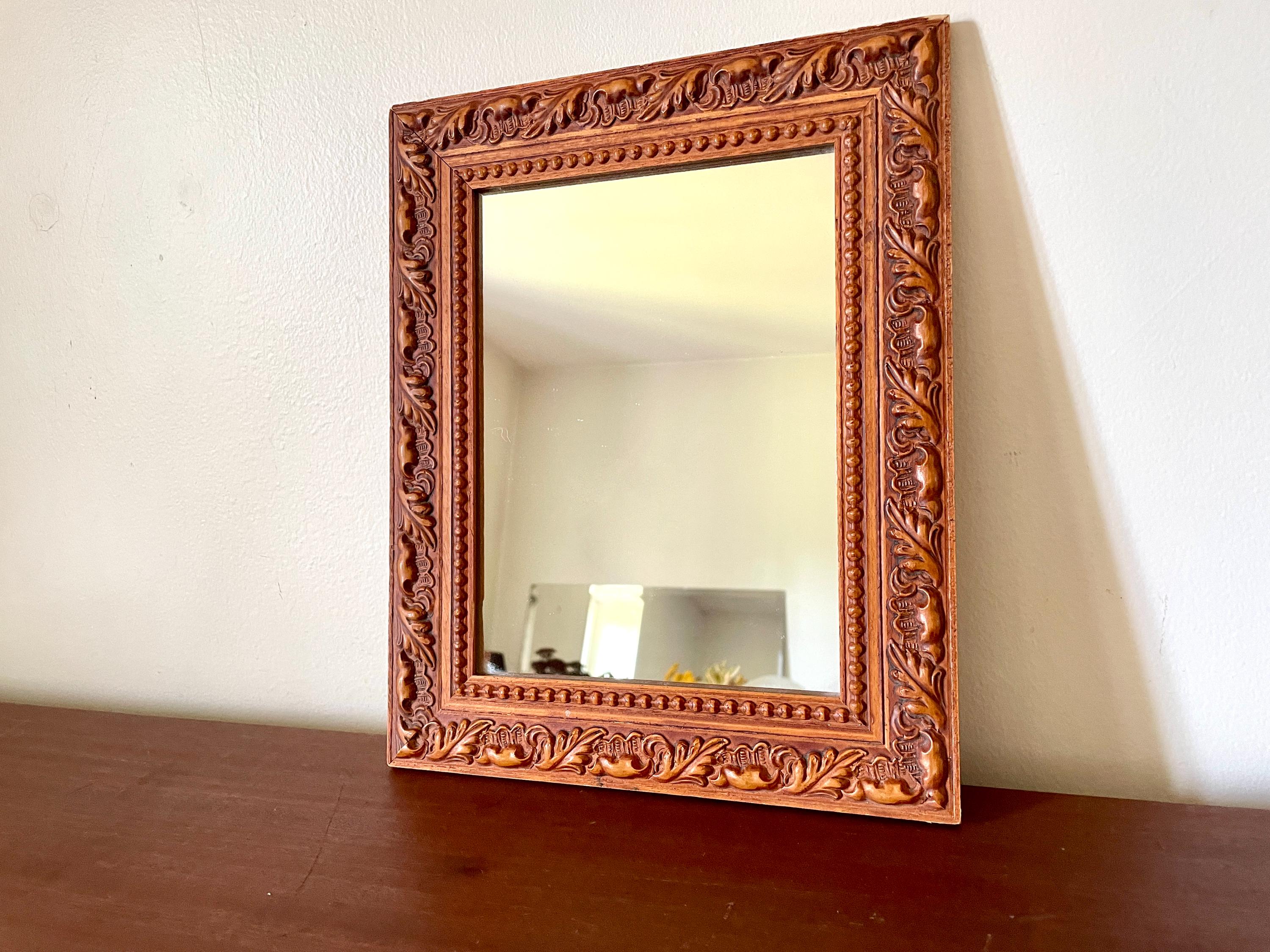 Rectangular wooden mirror, antique classic mirror, vintage brown mirror, bedroom office decoration, oak leaves beads