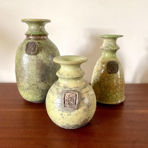 Set of 3 sake bottles, signed tokkuri, vintage Japanese ceramic, decoration pottery gift