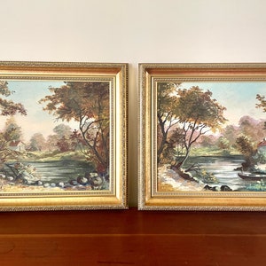 RIALET pair of 20th century oil paintings, bucolic landscape diptych, river light house paintings, classic decoration, golden frame