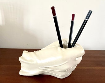 Gloved hand plaster mold, vintage fist pencil holder, office accessory, library bookend, men's decoration, chic art collection