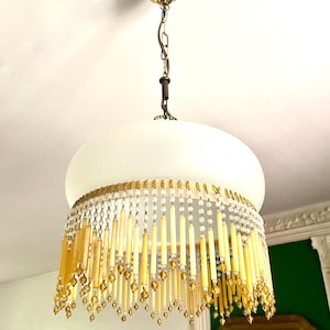 Vintage pearl pendant light, half-shell lamp with fringes, yellow art deco glass chandelier, golden brass chain, classic chic decoration