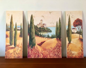 Triptych Claudia Ancilotti 1980, Tuscany cypress lake painting, house castle manor landscape, gold red Mediterranean, chic gift decoration