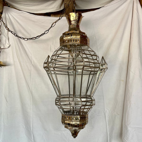 Très grande suspension ancienne, lanterne d'entrée Maroc, lampe de plafond dorée vintage, lampe orientale fait main, décoration boho bohème