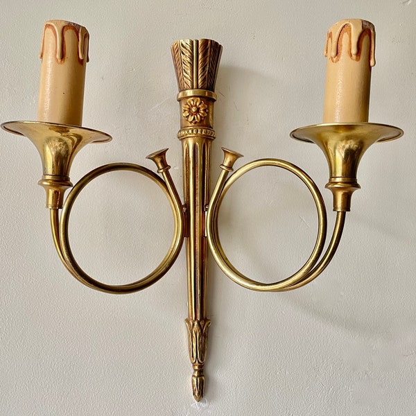 Applique double Empire, Cors de chasse, applique murale, décoration classique chic, luminaire style Napoléon, antique français, lampe bronze