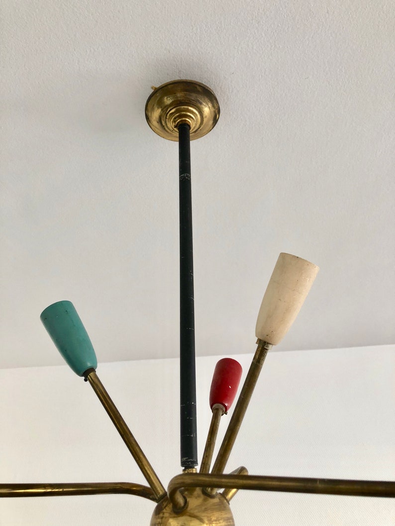 mid-century brass black and gold vintage asymmetric suspension Sputnik Stilnovo 1950 chandelier sputnik space-age 9-arm color chandelier
