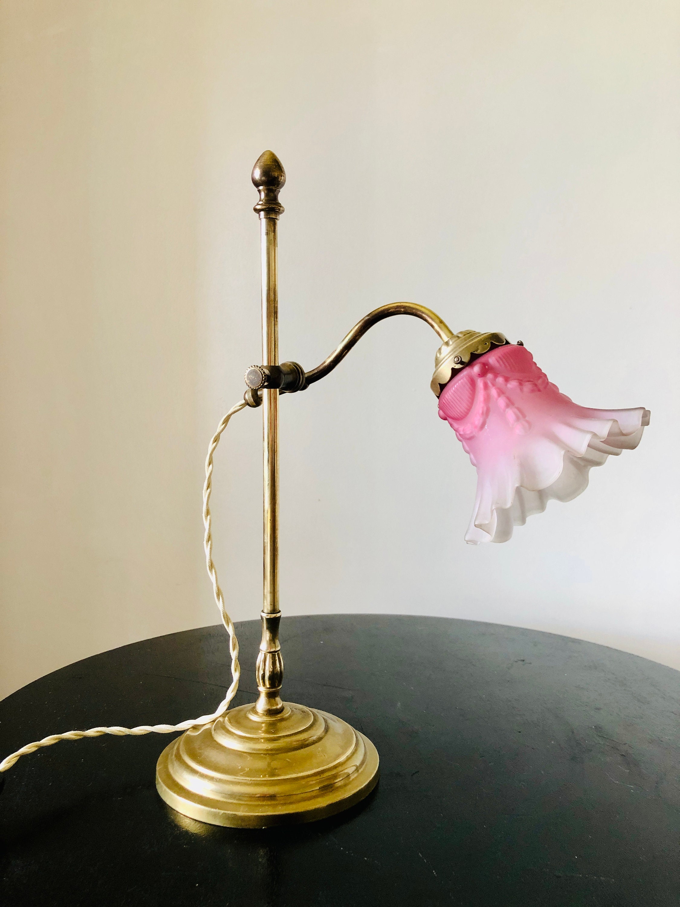 Ancienne Lampe Fleur Laiton, Antique de Bureau, Réglable Dorée, Luminaire Couleur Rose, Décoration C