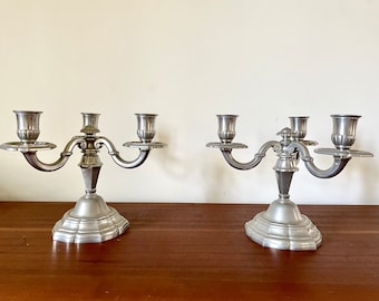 Pair of 3-branched candlesticks, pair of candelabra, pair of candlesticks, real white iron, classic decoration, wedding table gift